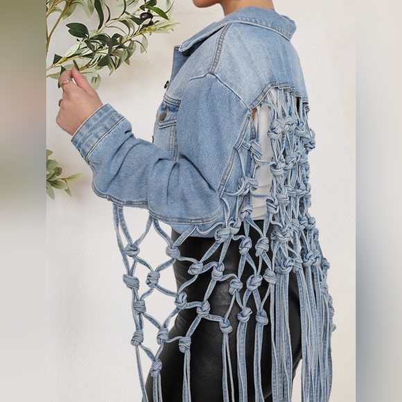 Tie Detail Button Up Denim Jacket with Pockets - Picture 4 of 4